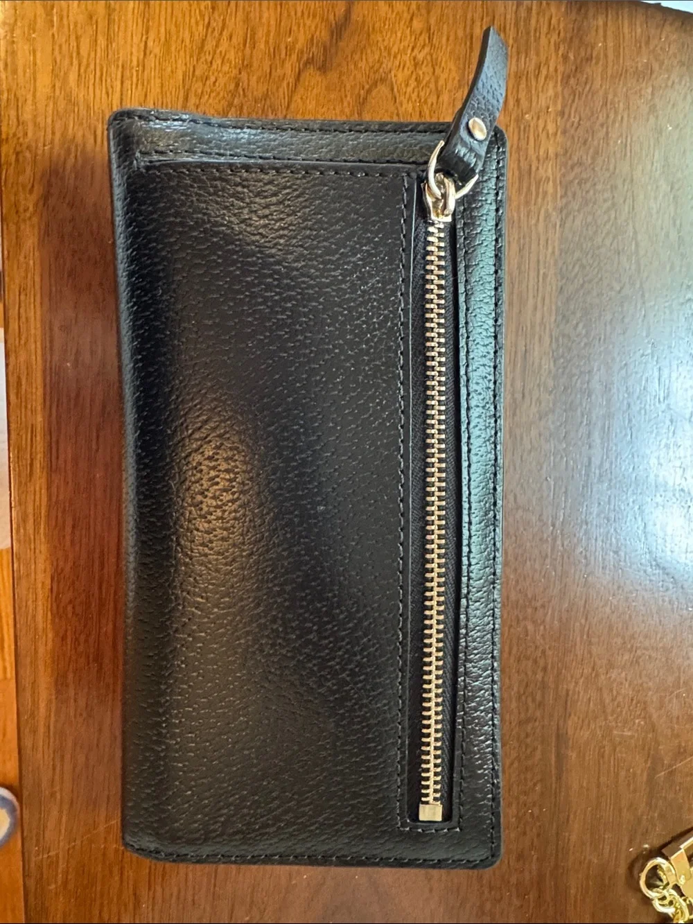 kate spade Black Pebbled Leather Continental Wallet with Gold Logo